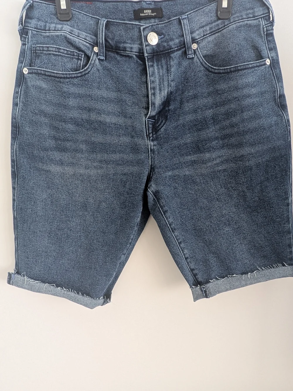 True Religion Ricky Relaxed Straight Denim Shorts Mens 32 Blue Stretch Raw Hem